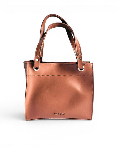 ms ADAM brown faux leather top handle bag with two compartments and zip closure. Detachable strap for shoulder or handheld carry.