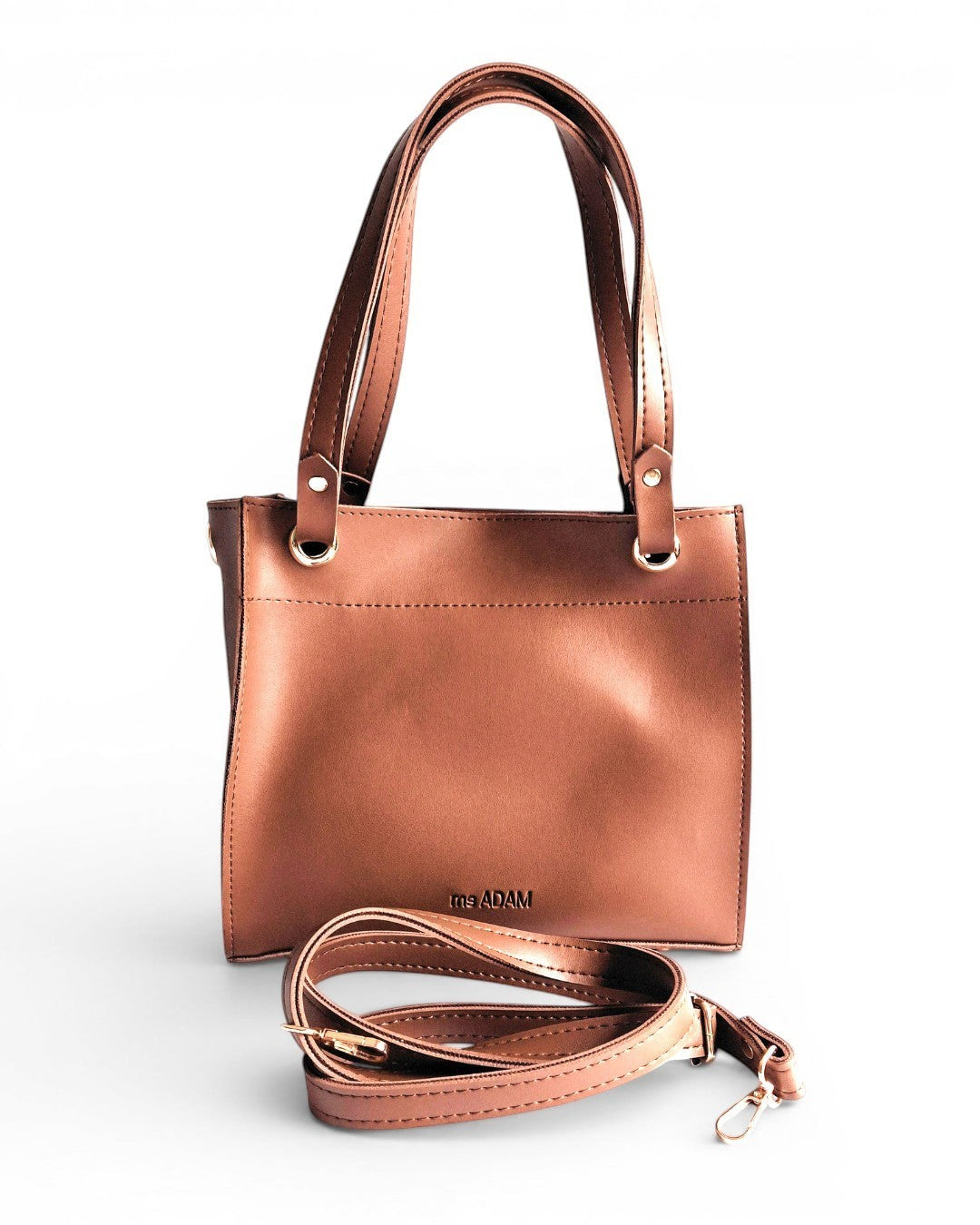 ms ADAM brown faux leather top handle bag with two compartments and detachable strap.