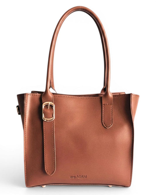 ms ADAM brown faux leather top handle bag with gold buckle detail and zip closure. Can be carried handheld or on the shoulder.