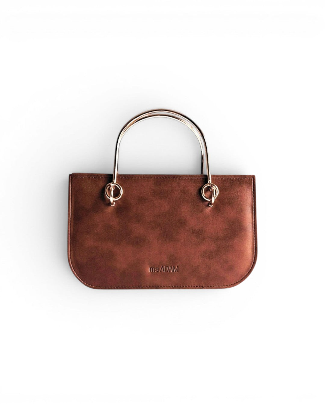 ms ADAM brown faux leather top handle bag with a self-print texture and gold hardware. Includes detachable strap and zip closure.