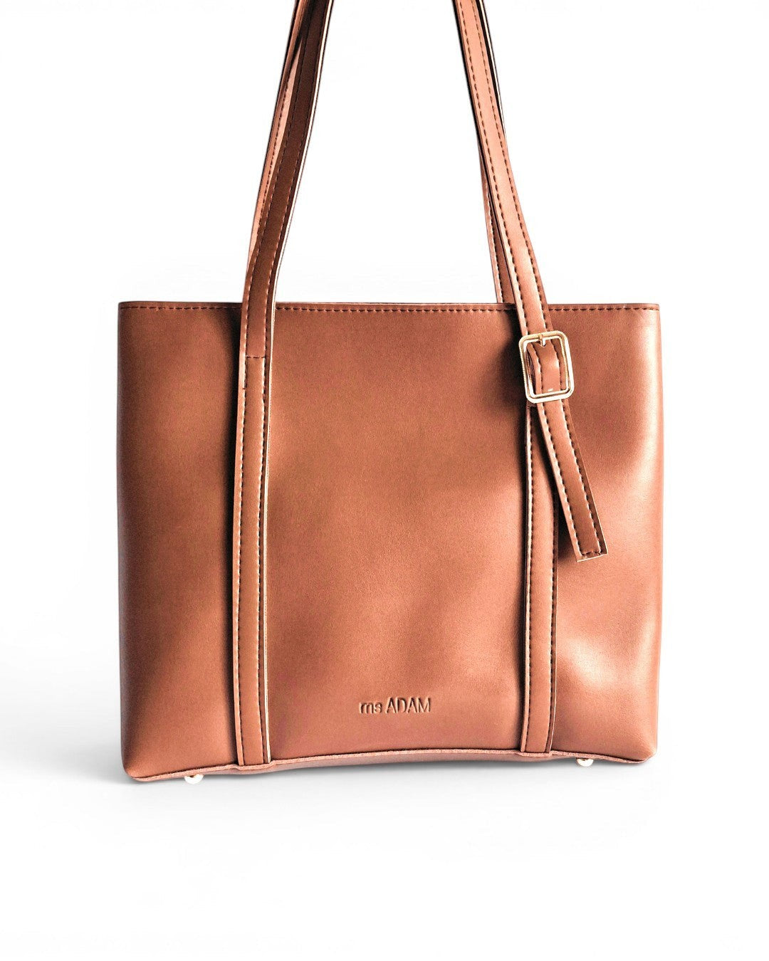 ms ADAM brown faux leather tote bag with shoulder straps and zip closure, perfect for work.