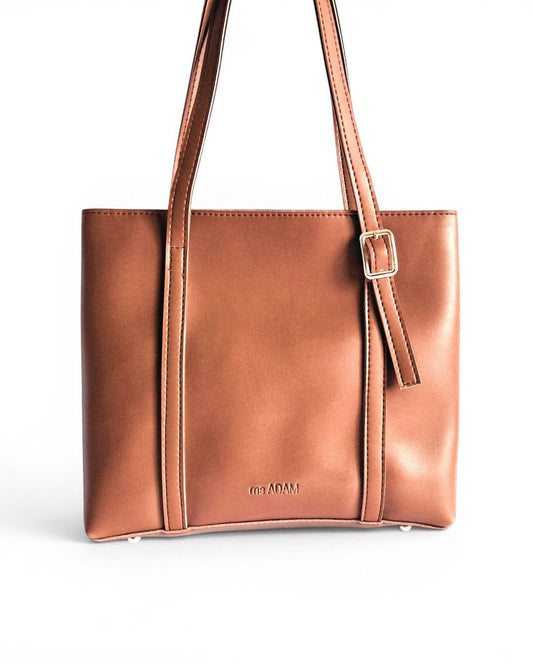 ms ADAM brown faux leather tote bag with shoulder straps and zip closure, perfect for work.