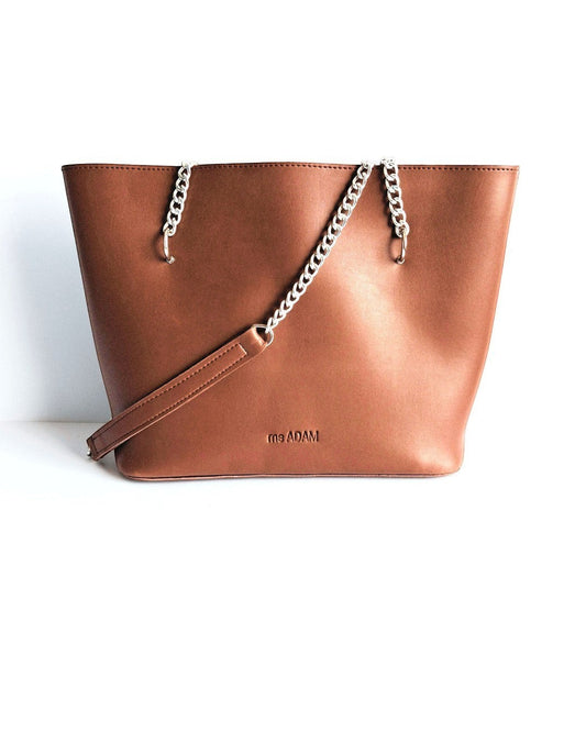 ms ADAM brown faux leather tote bag with silver chain straps and a single main compartment with zip closure.