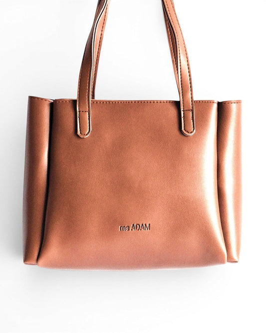 ms ADAM brown faux leather tote bag with shoulder straps and zip closure, includes a pouch.
