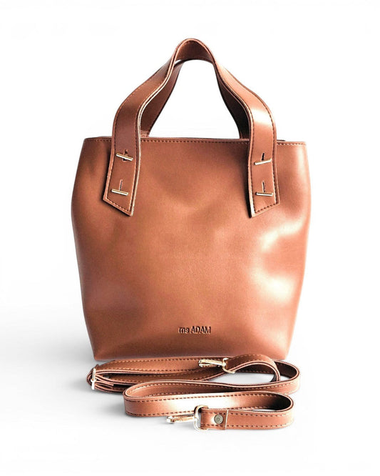 ms ADAM brown faux leather tote bag with shoulder strap and zip closure. Unadorned texture.