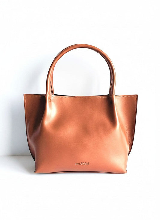 ms ADAM brown faux leather tote bag with fixed shoulder straps and snap closure.