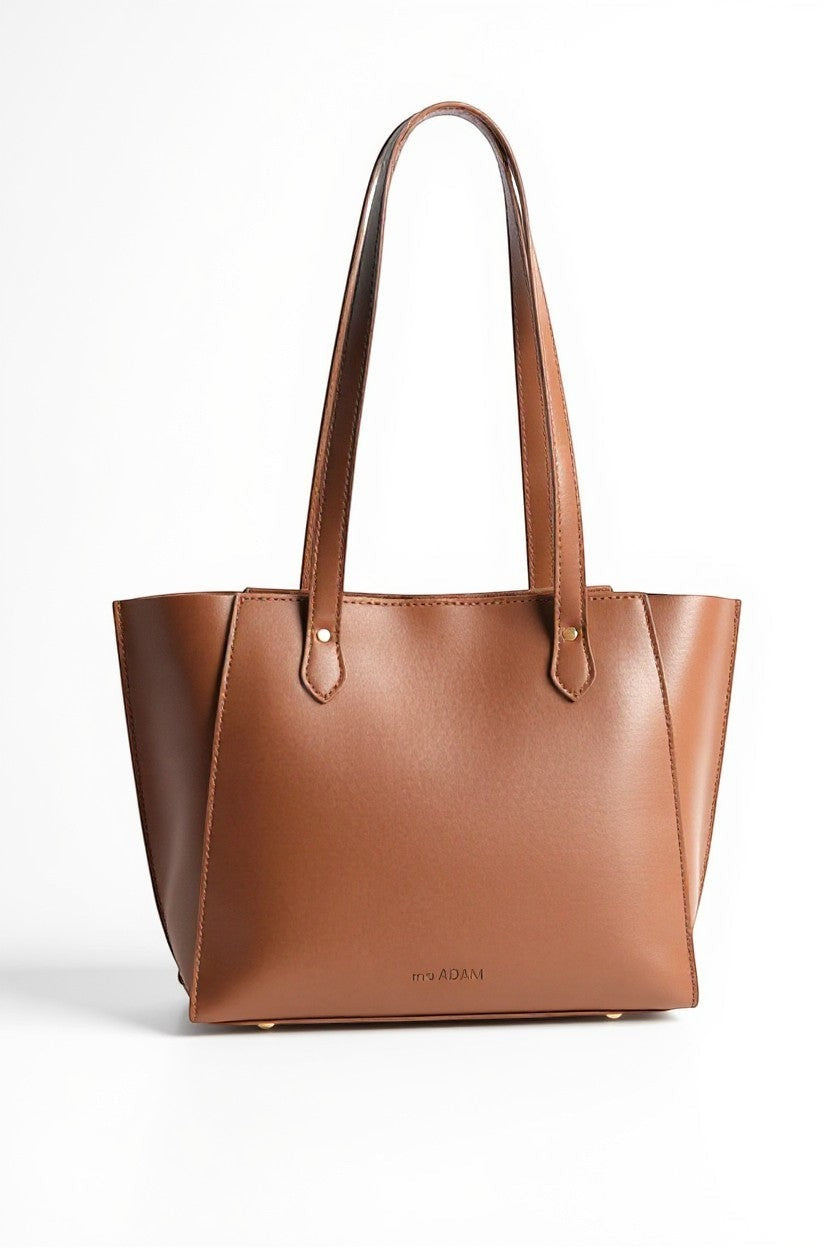 ms ADAM brown faux leather tote bag with shoulder straps, zip closure, and one main compartment.