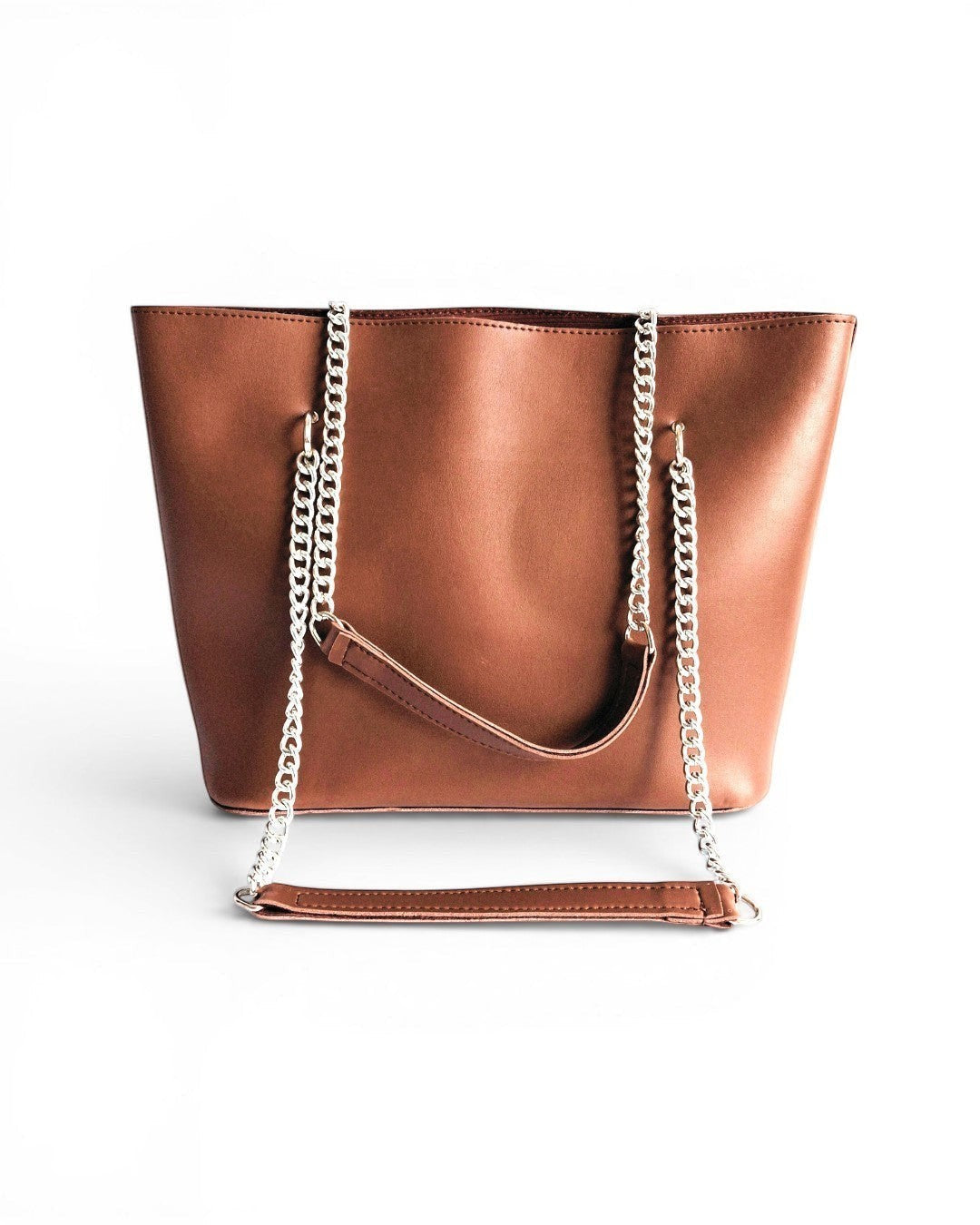 ms ADAM Daily Charm brown faux leather tote bag with silver chain straps and one main compartment with zip closure.