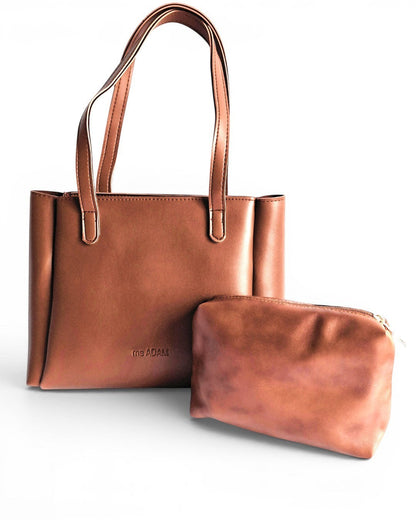 ms ADAM brown faux leather tote bag with shoulder straps and zip closure, includes matching pouch.