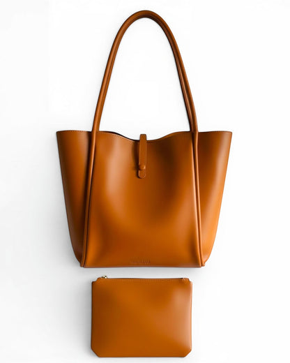 ms ADAM brown faux leather tote bag with magnetic snap closure and shoulder straps, includes matching pouch.