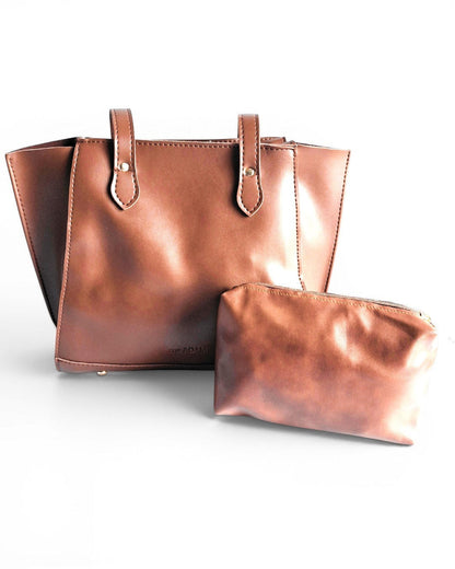 ms ADAM brown faux leather tote bag with fixed shoulder straps, zip closure, one main compartment, and matching pouch.