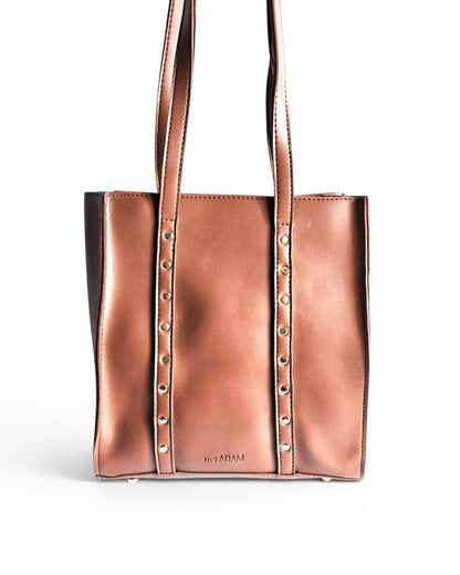 ms ADAM brown faux leather upright tote bag with double straps and gold stud detailing. Zip closure, one main compartment.