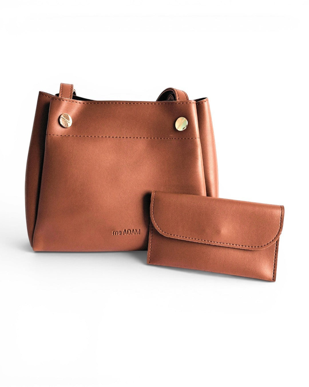 ms ADAM brown faux leather tote bag with fixed shoulder straps and zip closure, includes matching wallet.