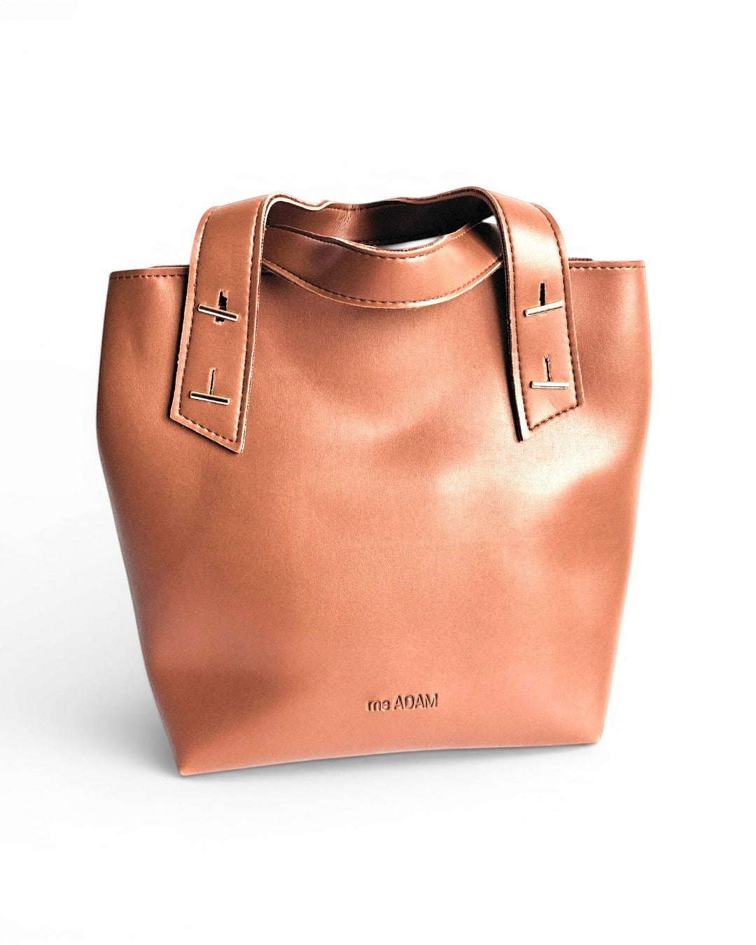 ms ADAM brown faux leather tote bag with shoulder and handheld straps, zip closure, and one main compartment.