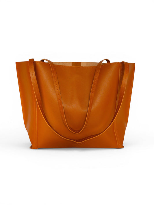 ms ADAM Go Easy Tote in brown faux leather with shoulder straps and magnetic snap closure.