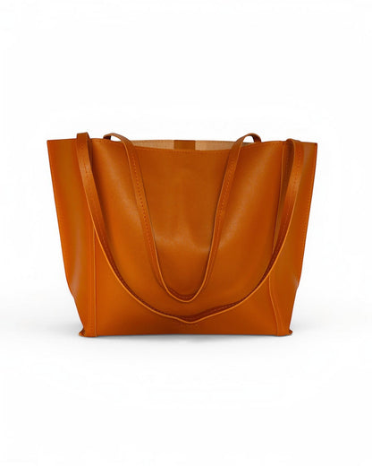 ms ADAM Go Easy Tote in brown faux leather with shoulder straps and magnetic snap closure.