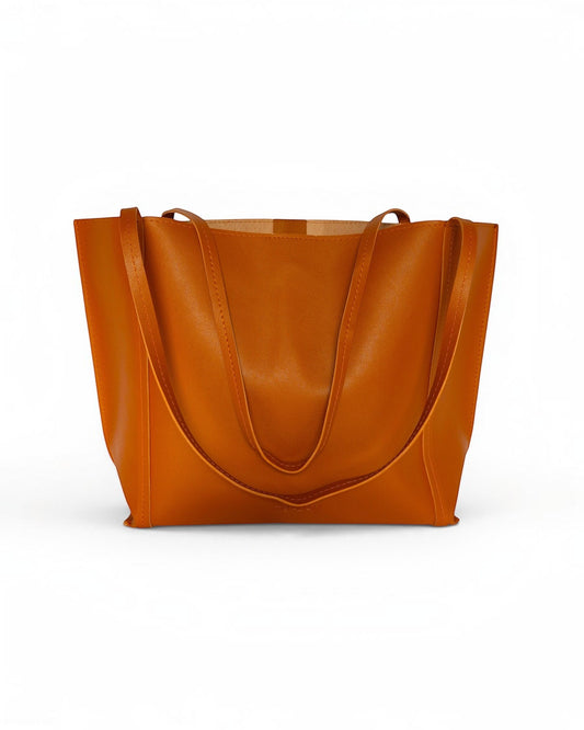 ms ADAM Go Easy Tote in brown faux leather with shoulder straps and magnetic snap closure.