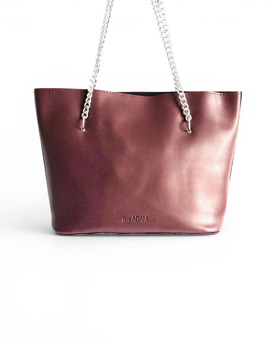 ms ADAM maroon faux leather tote bag with silver chain straps and zip closure.