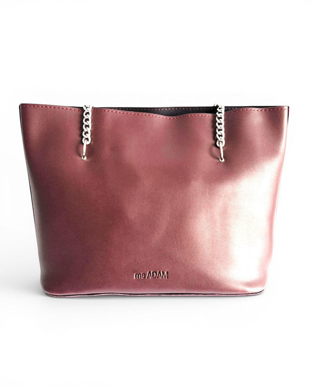 ms ADAM Daily Charm maroon faux leather tote bag with silver chain straps and zip closure.