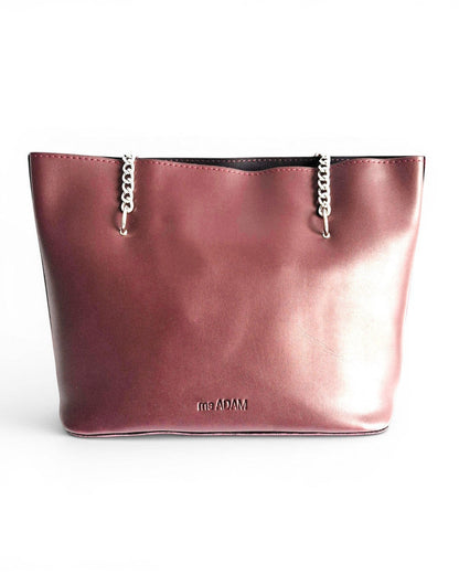ms ADAM Daily Charm maroon faux leather tote bag with silver chain straps and zip closure.
