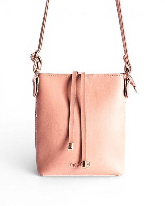 ms ADAM pink faux leather bucket shoulder bag with adjustable strap and zip closure.