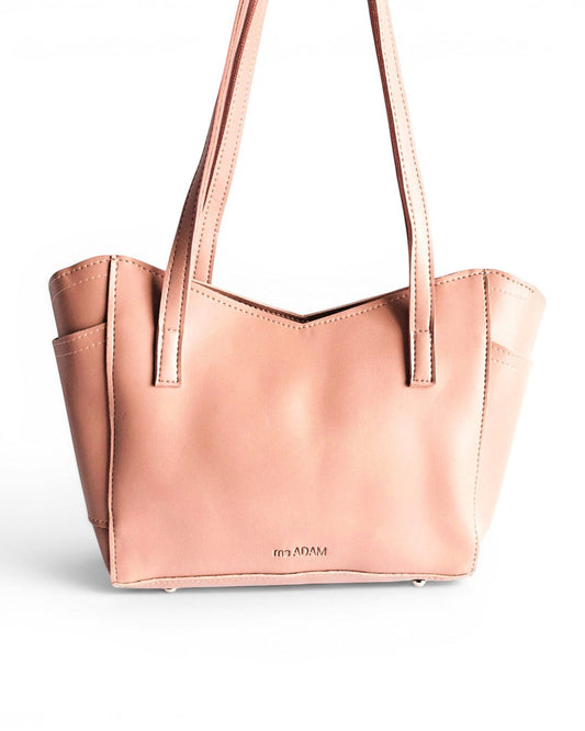 ms ADAM pink peach faux leather tote bag with shoulder straps and zip closure. Includes pouch and wallet.